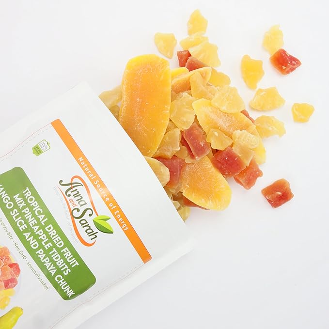 Anna and Sarah, Unsulphured Tropical Dried Fruit Mix Pineapple Tidbits, Mango Slice and Papaya Chunk, Un Non GMO - Gluten Free - High Fibers in Resealable Bag, 2 Lbs