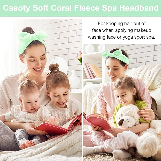 Casoty 6 Pcs Green Spa Headbands, Skin Care Headband, Soft Coral Fleece headbands for makeup, Bow Hair Band for Face Washing Shower Skin Care Yoga