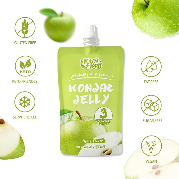 VOLO VERO Konjac Jelly Squeeze Pouch Apple Flavor, Low Calories (3 Kcal), 10 Packs, Gluten Free & Vegan, 0 Sugar, Keto, Low Carb, Drinkable Vitamin C Healthy Snacks, Holiday Gifts
