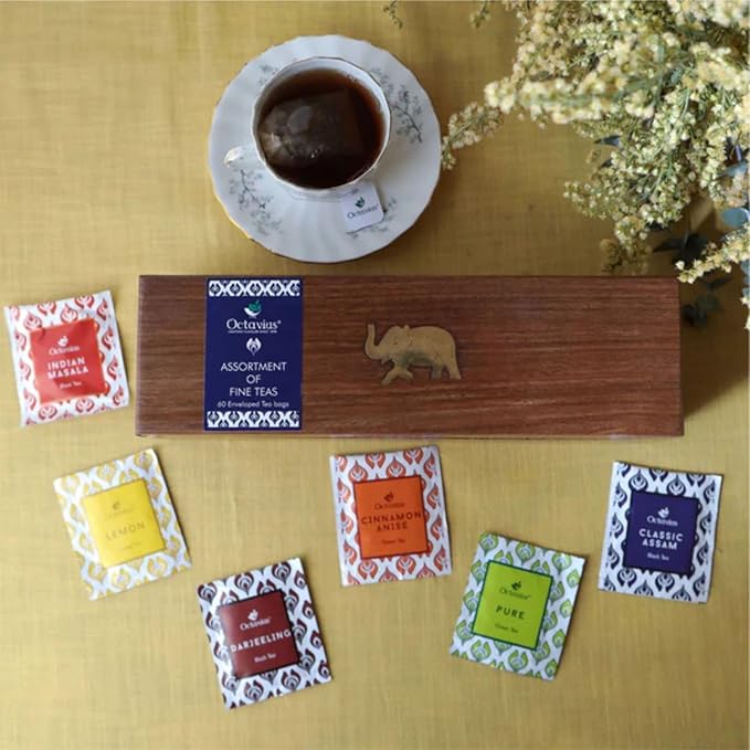 Octavius Gift's Select - Assorted Tea in Wooden Box | 6 Flavors, 60 Tea Bags | Black & Green Tea | Gifts for Women & Men | Pack of 1