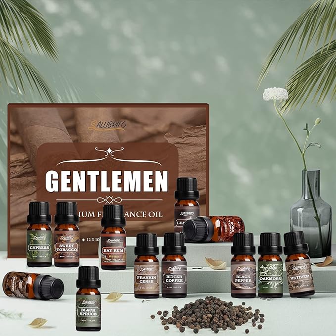 SALUBRITO Gentlement Fragrance Oils Set, Wood Essential Oils Set for Diffuser, Candle, Soap Making, Strong Scented Oil, Sandalwood, Frankincense and More