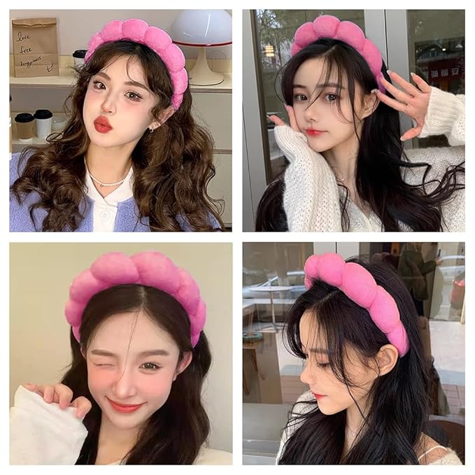 Spa Headbands for Washing Face or Makeup, Sponge Bubble Skincare Headbands, Puffy Terry Cloth Hairband for Women, Skin Care Makeup Headwear Hair Accessories for Girls (Rose Red)