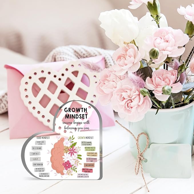 Growth Mindset Decor, Therapy Office Mental Health Classroom Art Educational Acrylic Heart Inspirational Gift Change Your Mindset Decorations Positive Sayings Inspirational Gifts for Teacher Students