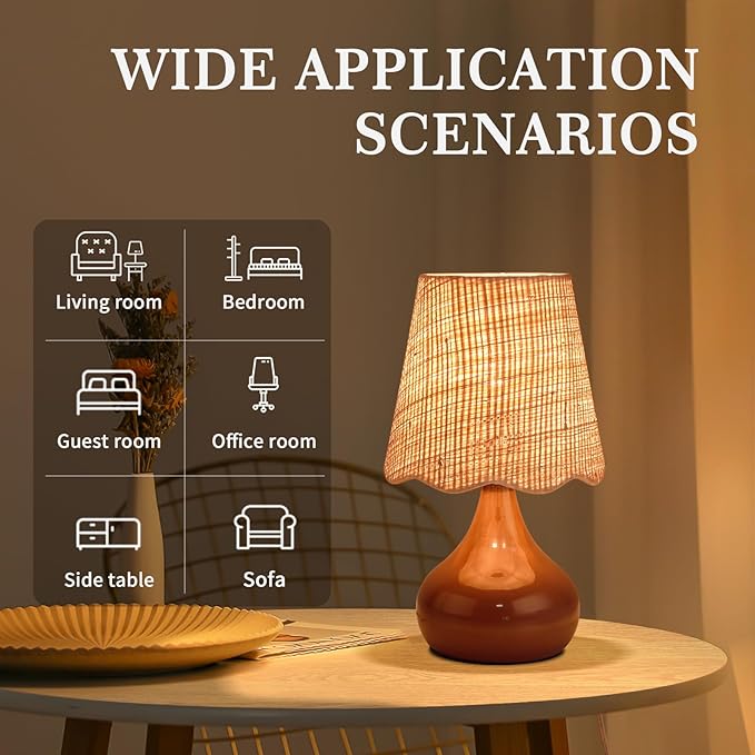 Brown Small Bedside Table Lamp for Bedroom, Farmhouse Bedroom Lamps for Nightstand, Rattan Lamp Shade Table Lamps for Small Spaces for Kitchen Counter, Home Office, Living Room, Kids Dorm