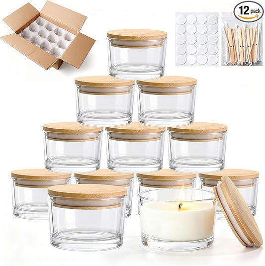 4oz Glass Candle Jars, 12-Pack Small Candle Jars for Making Candles, Empty Thick Glass Wide-Mouth Jars with Bamboo Lids & Wick Kits, Candle Containers Bulk - Clear