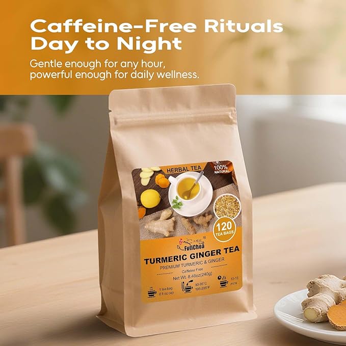 FullChea - Turmeric Ginger Tea Bags, 2g×120 Count - Premium Ginger & Turmeric - Non-GMO - Caffeine-free-Boost Immunity & Aid Digestion