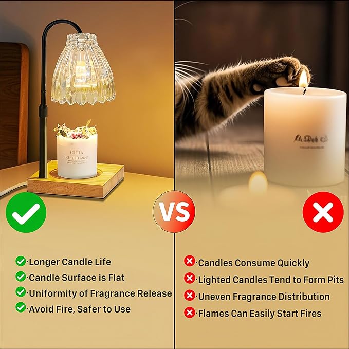 Candle Warmer Lamp with Timer, Dimmable Melted Wax Warmer with Two Bulbs, Height Adjustable Candle Lamp for Bedroom, Living Room Home Decor, House Warming Gift (Black Pole + White Lampshade)