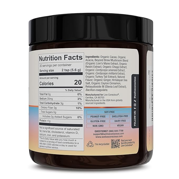 Live Conscious Beyond Brew - Coffee Alternative - Low Caffeine - Mushroom Complex w/Lion’s Mane, Reishi, Cordyceps & Chaga for Sustained Focus, Energy & Immunity - w/Prebiotics & Probiotics - 30