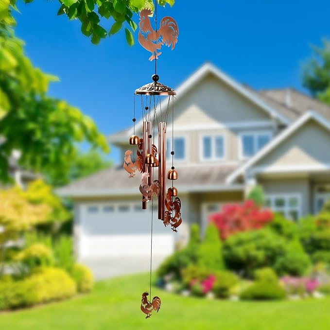 Copper Tone Animal Wind Chimes for Outdoors/Indoors - Rooster Designs - Garden, Patio, Yard, Home Decor, for Women, Men, Mom, Birthday, Memorial, Housewarming (Rooster)