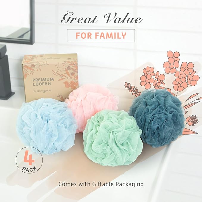 Spongentle Premium Deep Cleansing Loofah Sponge for Radiant Skin, Pack of 4, Bath and Shower, Exfoliating Body Scrubber, Beautiful Colors for Women and Men
