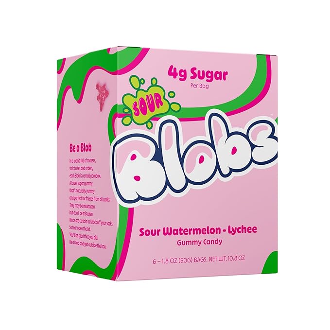 Blobs SOUR Gummy Candy Low Sugar, Low Calorie, Gluten Free for Kids & Adults - No Sugar Alcohols, Vegan, No Dyes - 1.8 oz per Bag (Pack of 6) - Watermelon Lychee