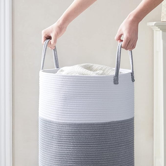 Cotton Rope Laundry Hamper by YOUDENOVA, 72L - Woven Collapsible Laundry Basket - Clothes Storage Basket for Blankets, Laundry Room Organizing, Bedroom Storage, Clothes Hamper – Grey