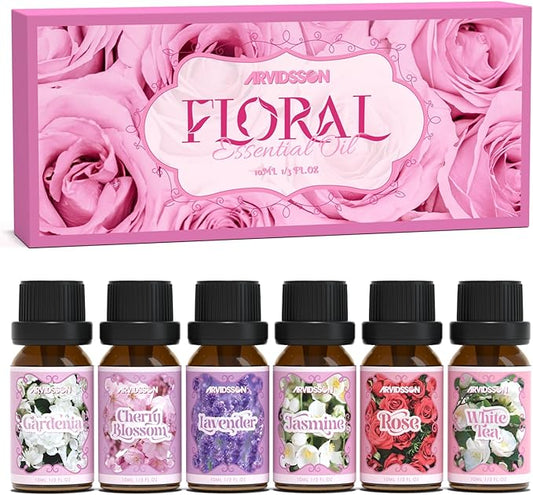 Floral Essential Oils Set, ARVIDSSON Natural Flower Fragrance Oil Gift for Women - Lavender, Jasmine, Cherry Blossom, Gardenia, White Tea, Rose Essential Oil for Diffuser & Candle Making