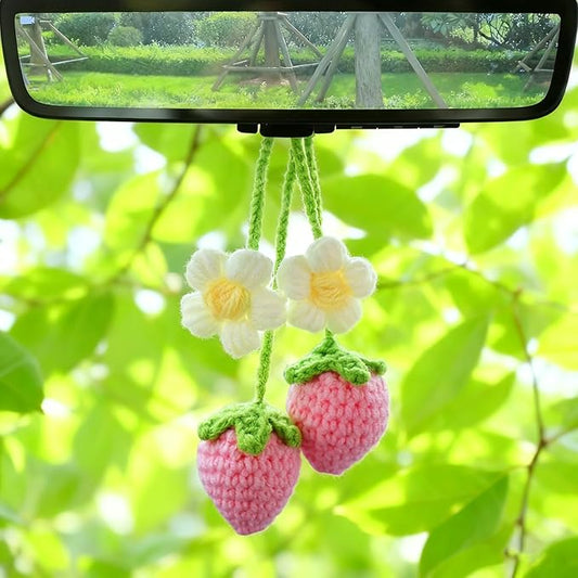 2 Pcs Strawberry Mirror Hanging Pendants, Kawaii Crochet Handmade Polyester Fiber Car Accessories for Women, Cute Car Decor Charm for Rearview Mirror,Decorations Gifts for Her