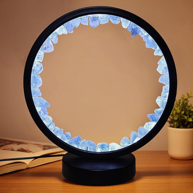 Crystal Night Light,3 Colors Ambient Lighting USB Dimming Healing Crystal Table Lamp,Natural Energy Crystal Decor for Bedroom Home Dating Gift (Blue, Circle)