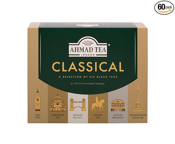 Ahmad Tea Black Tea, Classic Selection Pack Teabags, 60 Foil Teabags - Caffeinated, Decaffeinated, & Sugar-Free