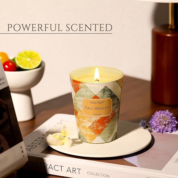 HomeLights Soy Wax Candles for Home Scented, 1-Wick Candles in Fall Wreath Scented, Rustic Modern Aromatherapy Candles Gift for Parties, Relaxing, 6.7oz