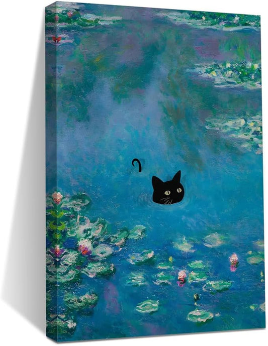 HZMLYDJ Cute Cat Wall Art Funny Cat in Water Lilies Posters Vintage Canvas Wall Art for Room Bedroom Living Room Bathroom Decor Aesthetic, Trendy Paintings Aesthetic Cats Lovers Decoration