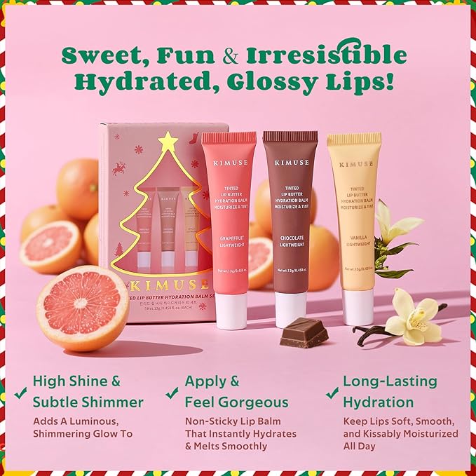 KIMUSE 3 Pack Tinted Lip Butter Hydration Balm, Hydrating Lip Treatment with Hyaluronic Acid & Vitamin E, Moisturizing Lip Balm for Shine & Hydration, Vegan Formula