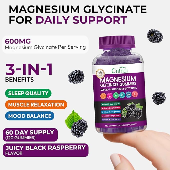 Magnesium Glycinate Gummies for Adults, High Absorption Vitamin Magnesium Gummies with L-Threonate, Calcium, B6, D3, Sugar Free Chews, Relaxation, Stress Relief, Night Rest
