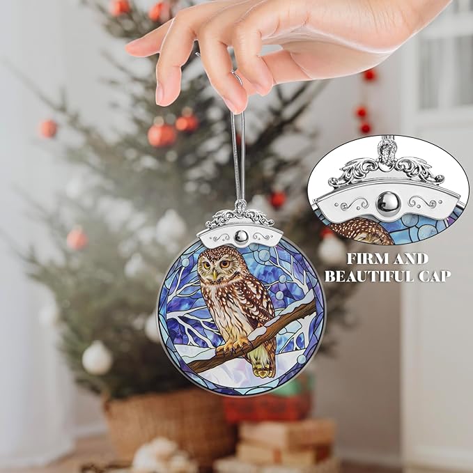 Christmas Tree Ornaments 3 Inch Clear Glass Blanks Round Print Ornament Christmas Hanging Decorative with Silver Ribbon (Owl)