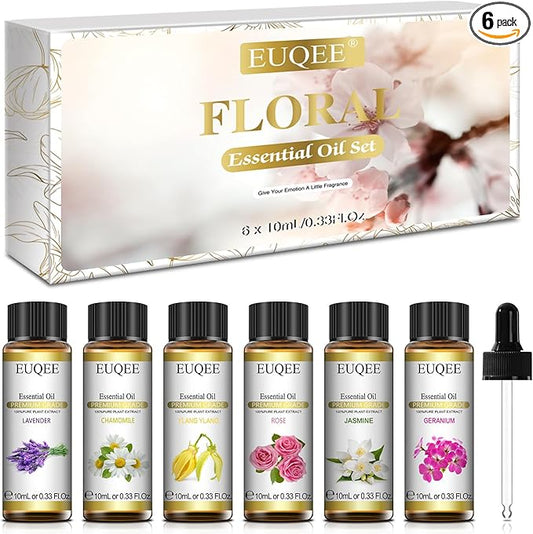 EUQEE Floral Essential Oils Set of 6 Pure Essential Oil Gift Set for Diffusers, Soap & Candle Making - Lavender, Rose, Ylang Ylang, Jasmine, Geranium, Chamomile Aromatherapy Oils - 10ml