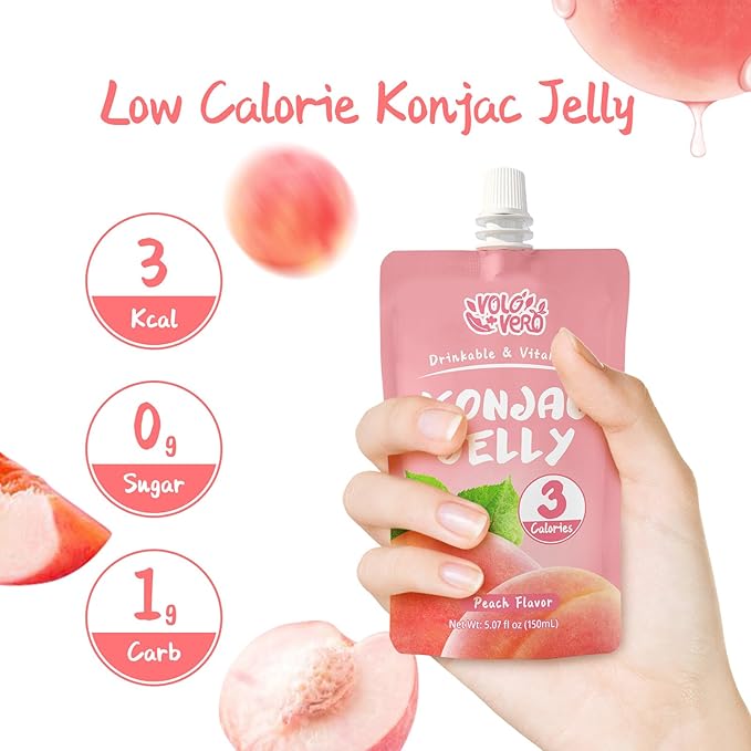 VOLO VERO Konjac Jelly Squeeze Pouch Peach Flavor, Low Calories (3 Kcal), 10 Packs, Gluten Free & Vegan, 0 Sugar, Keto, Low Carb, Drinkable Vitamin C Healthy Fruit Snacks, Holiday Gifts
