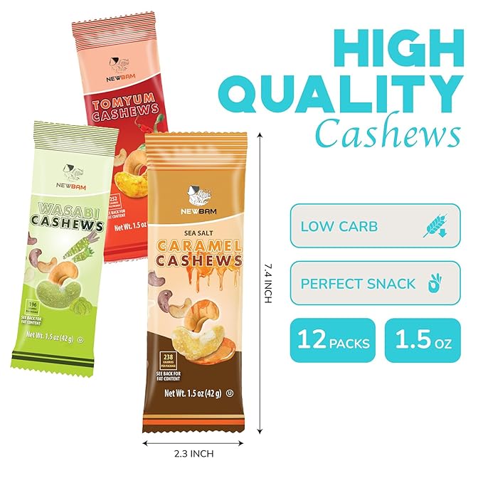 NEWBAM Mix Cashews Variety Packs (Wasabi, Tom Yum, Sea Salt Caramel) - 12 Cashew Snack Packs Roasted Nuts (1.5oz Each) – Keto, Vegan, Gluten-Free - Healthy Snacks for Trail Mix, Office, or Party