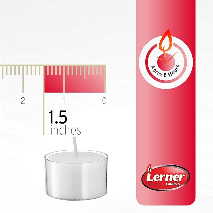Lerner Clear Tea Lights Candles Bulk - Long Burning 8 Hour Clear Cup Tealight 50 Pack - Consistent Smkless Clean Burning - Holiday, Wedding, Spa, Emergency and Home Decoration Candles