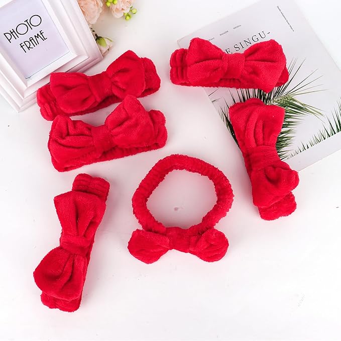Casoty 6 Pcs Red Spa Headbands, Skin Care Headband, Soft Coral Fleece Makeup Hair band, Bow Hair Band for Face Washing Shower Skin Care Yoga