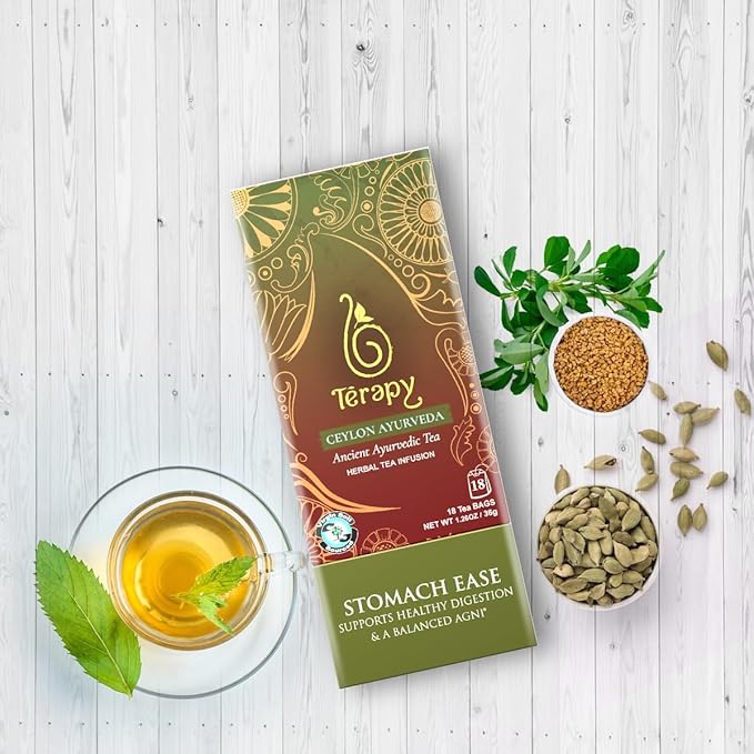 Térapy Ceylon Stomach Ease Herbal Tea Bags | Soothes Stomach & Supports Healthy Digestion | All Natural Ayurvedic Ingredients Including Peppermint, Ginger, Licorice | 18 Individually Wrapped Tea Bags