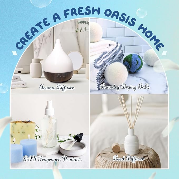 Clean Essential Oils Set, SNOWSEN Fragrance Oil for Diffuser, Wool Dryer Balls, Candle, Soap Making, Fresh Cotton, Fresh Linen, Lemongrass, Soft Powder, Lavender Laundry, Blossom Soap Scented Oil