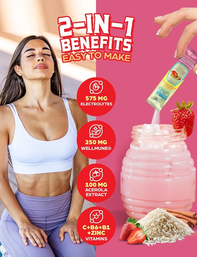Hydration + Immunity Electrolyte Drink Mix – Strawberry Horchata Agua Fresca | Sugar-Free Powder with Wellmune®, Acerola, Coconut Water & Minerals | 15 Single-Serve Stick Packs