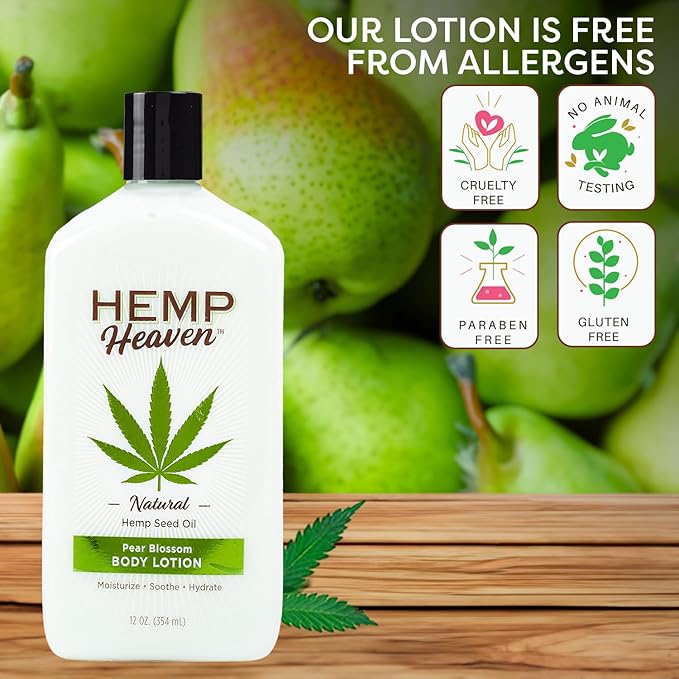 Hemp Heaven Hemp Seed Oil Body Lotion - Moisturizer and Protection for Skin, Wrinkles, Acne - Healing Vitamins and Minerals - For Men and Women (Pear Blossom, 12 Oz)
