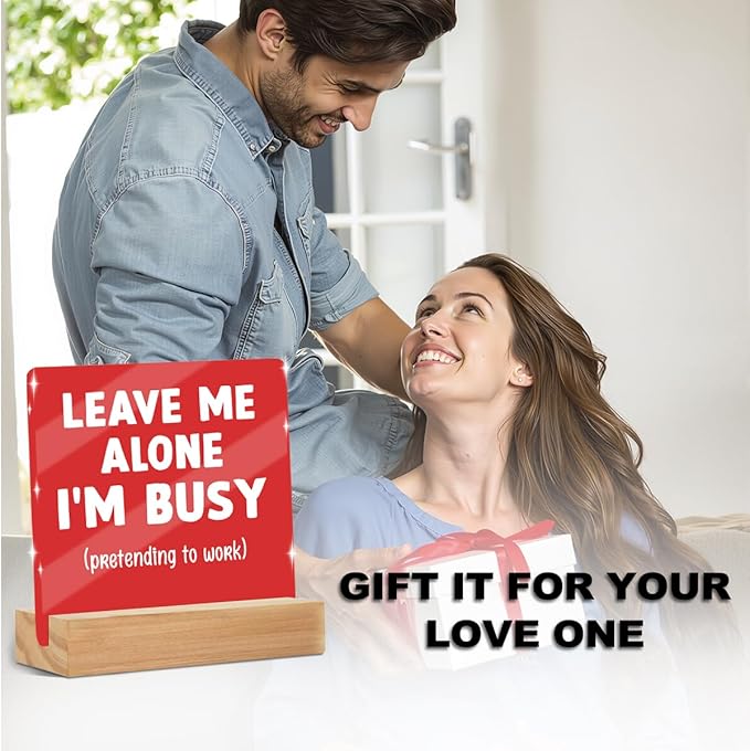 Funny Office Decor Desk Leave Me Alone Acrylic Sign 4x4 Inch, Humorous Decorative Desk Accessories for Work Office Table Shelf Cubicle, Funny Gag Gifts for Women Men Boss Coworker