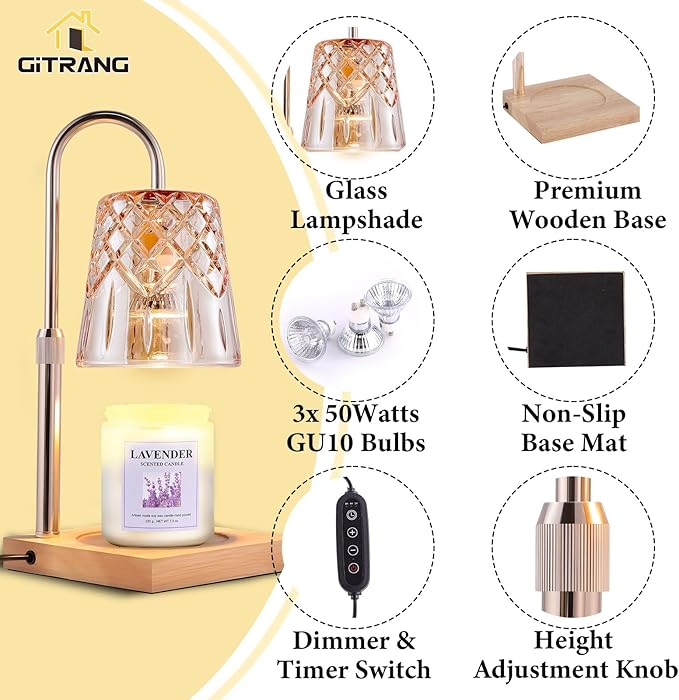 Candle Warming Lamp with Timer Dimmer, Adjustable Height Electric Wax Melt Warmer for Jar Candles with 3 Bulbs, Mother's Day Women's Home Decor Gift, Champagne Color Pole with Square Base