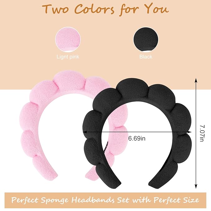 AMCAMI 2 PCS Puffy Spa Headband for Women Sponge Headbands for Girls Terry Towel Cloth Fabric Head Band for Skincare,Makeup Removal,Face Washing,Facial Mask,Shower,Hair Accessories（Black&Light Pink）