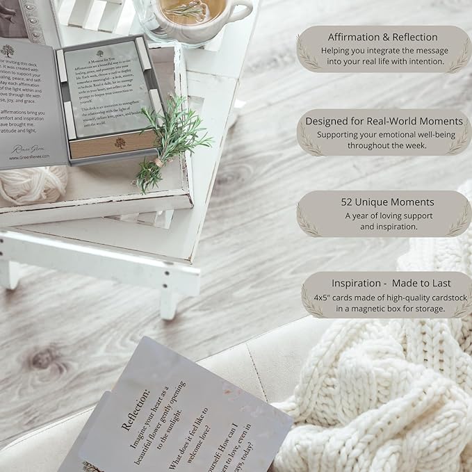 52 Positive Affirmation Cards with Wooden Stand - Daily Mindfulness & Self-Love for Stress Relief, Mental Health Inspiration, Emotional Balance & Weekly Reflection on Your Journey