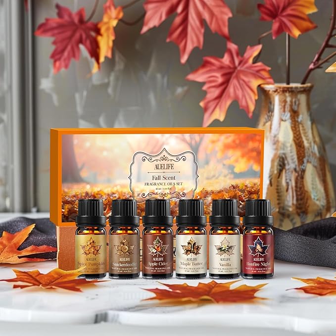 Fall Essential Oils Set, Top 6 Autumn Essential Oils for Diffusers for Home, Fragrance Oil for Candle, Aromatherapy Gift Set | Pumpkin, Apple Cider, Maple Butter, Snickerdoodle, Vanilla, Bonfire Night