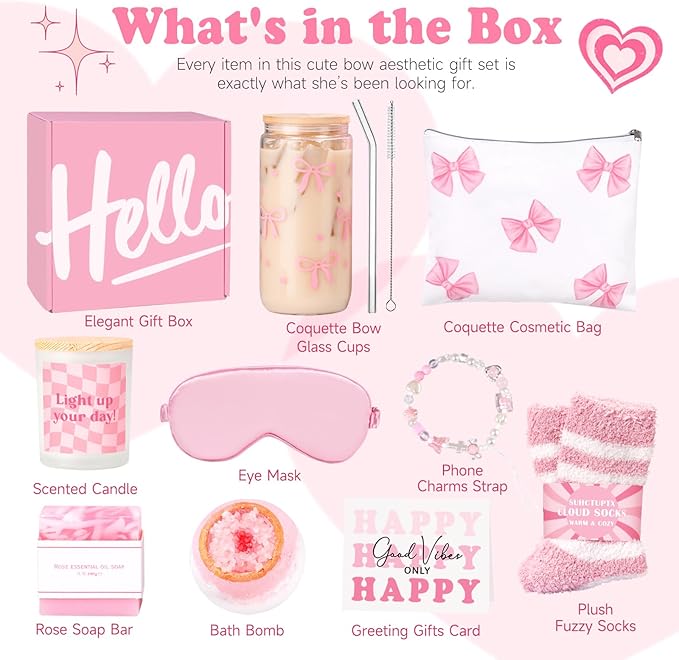 Gift Baskets for Women, 9pcs Unique Happy Birthday Gifts for Women, Best Christmas Ideas Box w/Coquette Bow Aesthetic Cup for Her Teen Girl Sister Friend Friendship Sweet 16th 18th 21st Bday