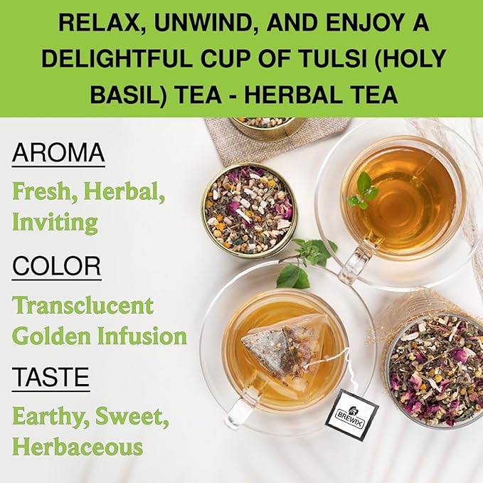 BREWIX, Tulsi Holy Basil Tea Bags (25 Pyramid Bags) | Tulsi Leaves | Holy Basil & Chamomile | Caffeine Free | Herbal Tea Bags | Calming, Fresh and Cool Flavor
