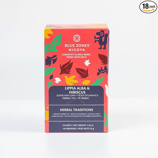 Blue Zones Nicoya - Lippia Alba & Hibiscus Flavored Tea Bags - 100% Natural, Organic, and Refreshing - High Micronutrients - Gluten, Caffeine, Sugar-Free - Pack of 18 (1.59 oz/ 45 g)