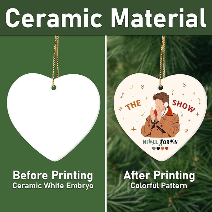 34HD Gifts for Christmas, Males Singer Ornament Heart-Shaped 2-Side Printed Ceramic, Music Gift for Lovers Men Women, Holiday Xmas Tree Hanging Decor