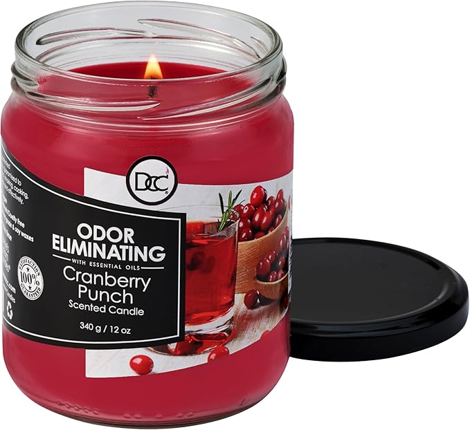 Cranberry Punch Odor Eliminating Highly Fragranced Candle - Eliminates 95% of Pet, Smoke, Food, and Other Smells Quickly - Up to 80 Hour Burn time - 12 Ounce Premium Soy Blend
