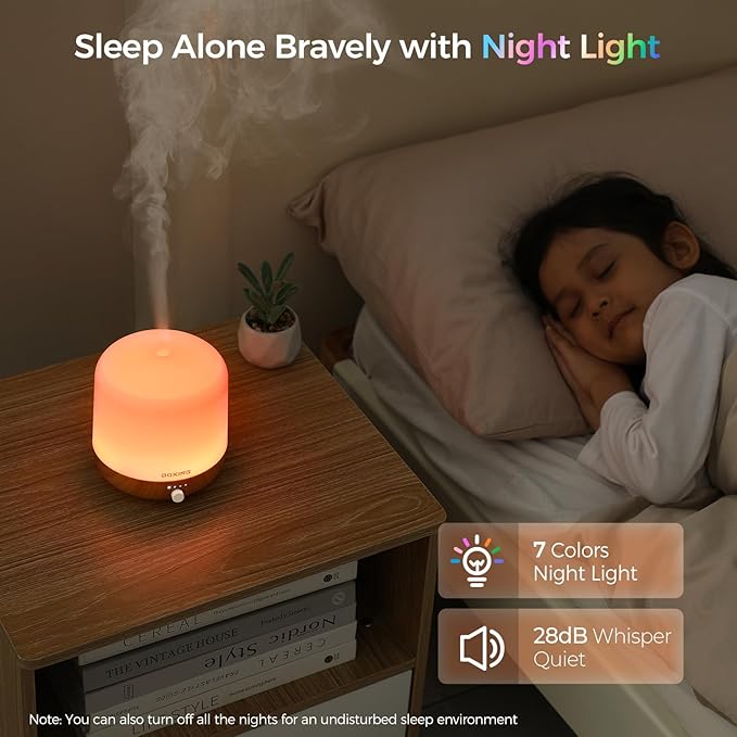 BOXING 300ML Essential Oil Diffuser, Diffusers for Home&Large Room, Aromatherapy Diffuser with 7 Colors Night Light Perfect for Bedroom Baby, Stepless Knob Control,Timer,Quiet,Auto Shut Off,White&Wood
