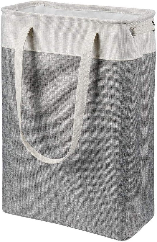 i BKGOO Laundry Basket with Handles Beige&Grey-Slim Laundry Bin Collapsible Dirty Clothes Basket Narrow Laundry Bag Foldable Dirty Hamper for Camping, Dorms, Apartments