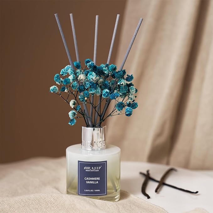Airkeep Reed Diffuser Set,3.38 fl oz (100 ml) - Cashmere Vanilla Oil Diffusers with 8 Reed Sticks, Home Fragrance Reed Diffuser for Bathroom Shelf Decor