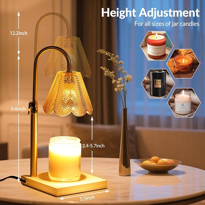 Candle Warmer Lamp with Timer Dimmer, Height Adjustable Fragrance Candle Warmer for Bedroom, Birthday Gifts for Mom Friend Sister, Vintage Aesthetic Style Home Decor (Flower Lampshade)