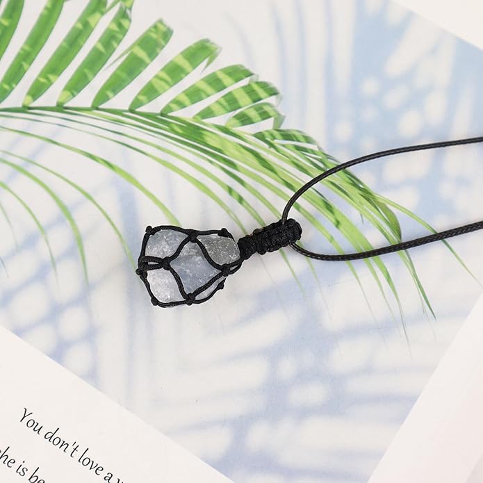 Handmade Natural Gemstone Crystal Pendant Necklace Stone Holder Necklace Cord Net Necklace with Adjustable Length for Women Men