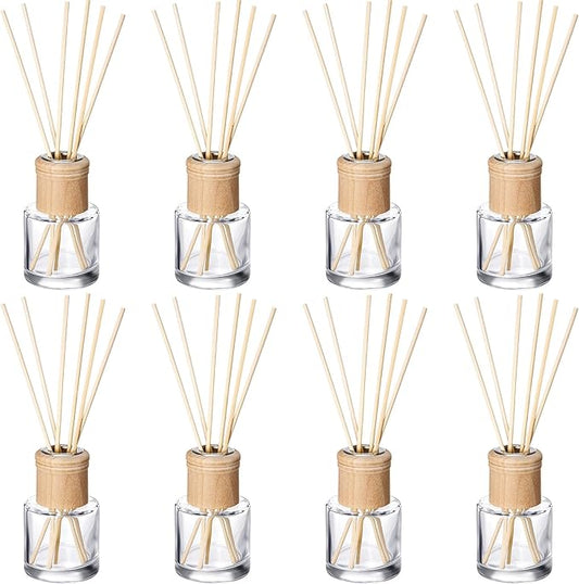 Roshtia 8 Set Reed Diffuser Bottle Empty Refillable Fragrance Glass Diffuser Bottles Set with Wooden Caps Rattan Sticks 50ml 1.7 oz Round Glass Jars for DIY Fragrance